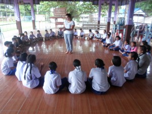 Becca using outside space to teach students