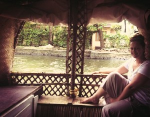 Becky relaxing on a houseboat in Kerala